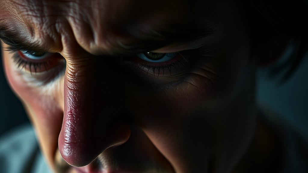 Close-up of a person's face showing internal conflict and emotional turmoil, tension in facial expression, dramatic lighting with shadows, cinematic psychological drama aesthetic, photorealistic human emotion