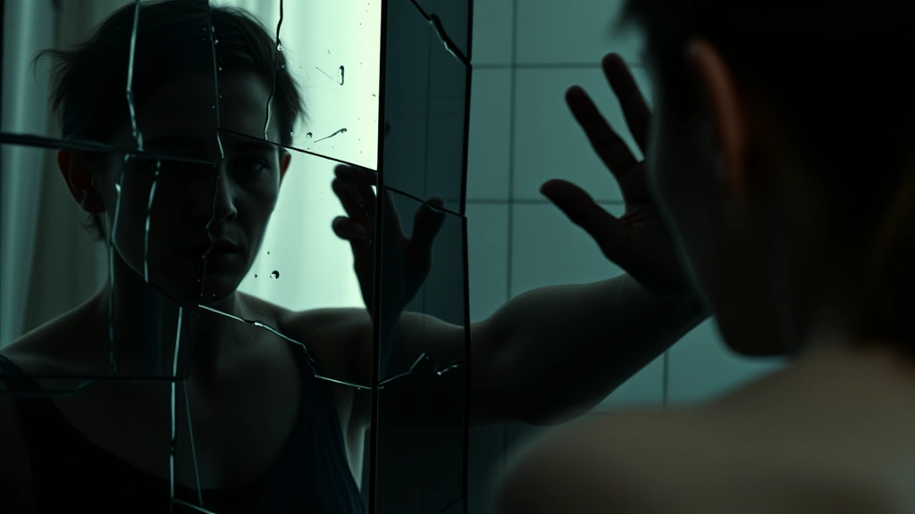 Distorted reflection in a mirror or glass surface showing fragmented identity, symbolizing truth and deception, artistic cinematography with emphasis on shadows and ambiguity, dramatic psychological imagery