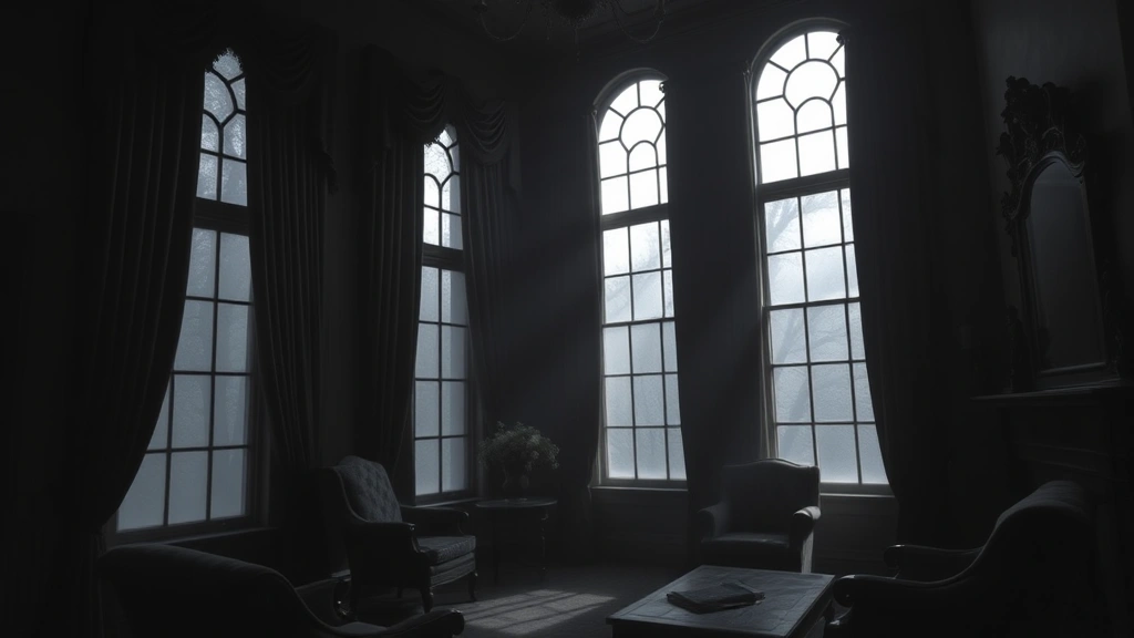 Dimly lit Victorian mansion interior with heavy velvet curtains, fog visible through tall windows, ornate period furniture casting long shadows, monochromatic color palette emphasizing isolation and architectural depth