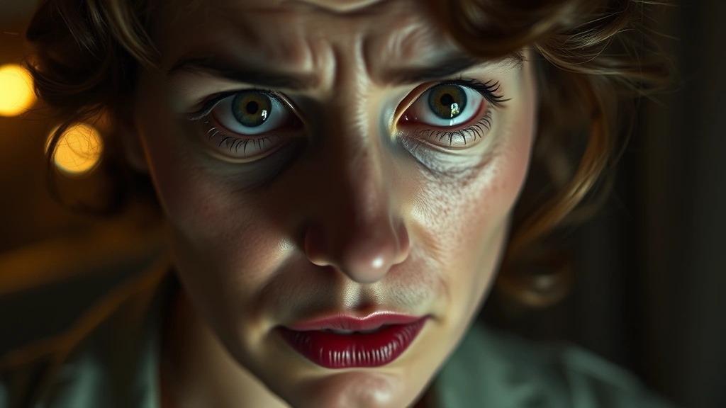Close-up of a woman's face in soft lamplight showing subtle expressions of anxiety and confusion, vintage 1940s clothing visible, atmospheric background blurred, capturing psychological vulnerability and internal conflict