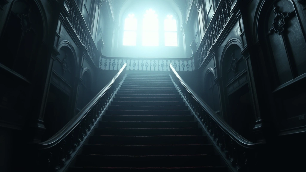 Empty grand staircase in a Gothic mansion ascending into darkness, ornate banister details visible, pale light filtering from above, fog-like atmosphere, no people present, emphasizing architectural vastness and psychological unease