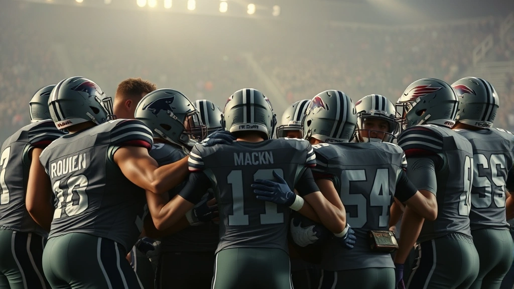 Dynamic football team huddle scene with diverse players in replacement uniforms, intense focus and camaraderie, stadium lights, photorealistic cinematic quality, no text or graphics visible