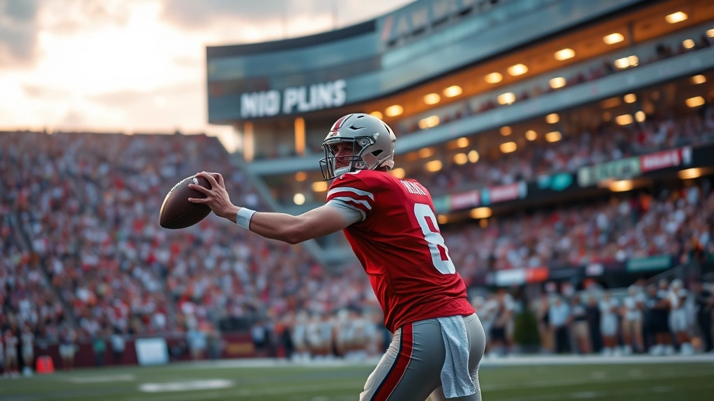 Quarterback in stadium during evening game, football mid-throw, crowd blurred in background, professional sports photography style, dramatic lighting, no scoreboards or text overlays