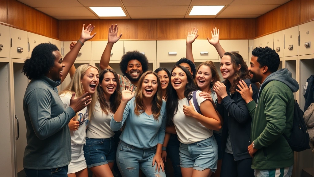 Diverse ensemble cast members celebrating together in locker room, genuine emotion and joy, team bonding moment, warm lighting, photorealistic, no visible text or equipment labels