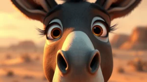 Close-up of animated donkey character with expressive eyes, warm lighting, cinematic depth, digital illustration style, soft focus background showing desert landscape