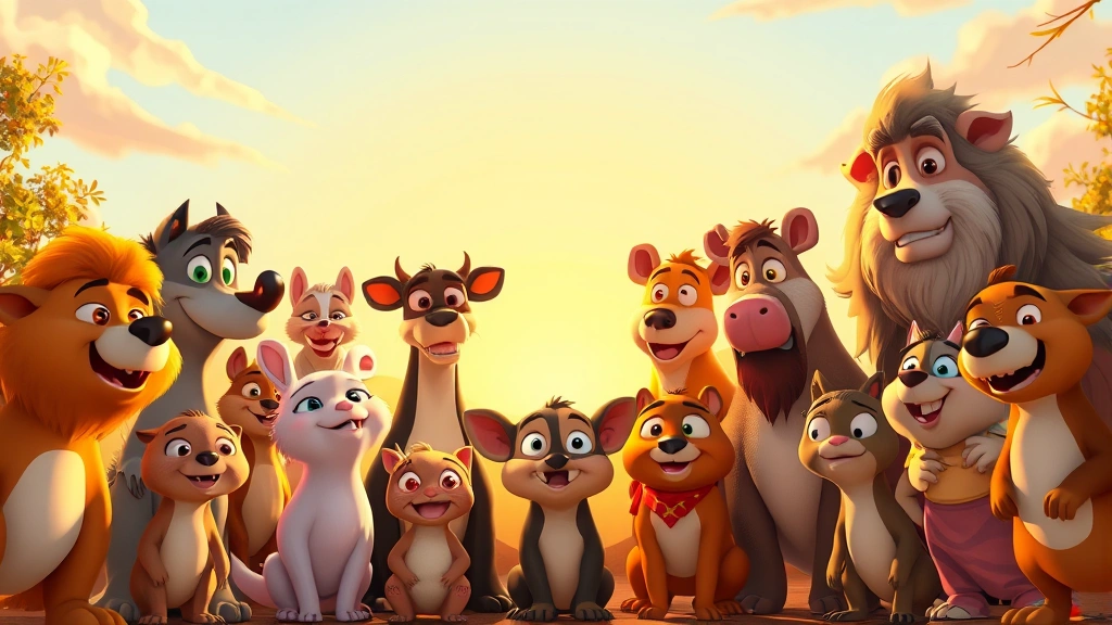 Wide shot of animated ensemble cast of animal characters gathered together, warm golden hour lighting, digital animation, emotive expressions, natural outdoor setting