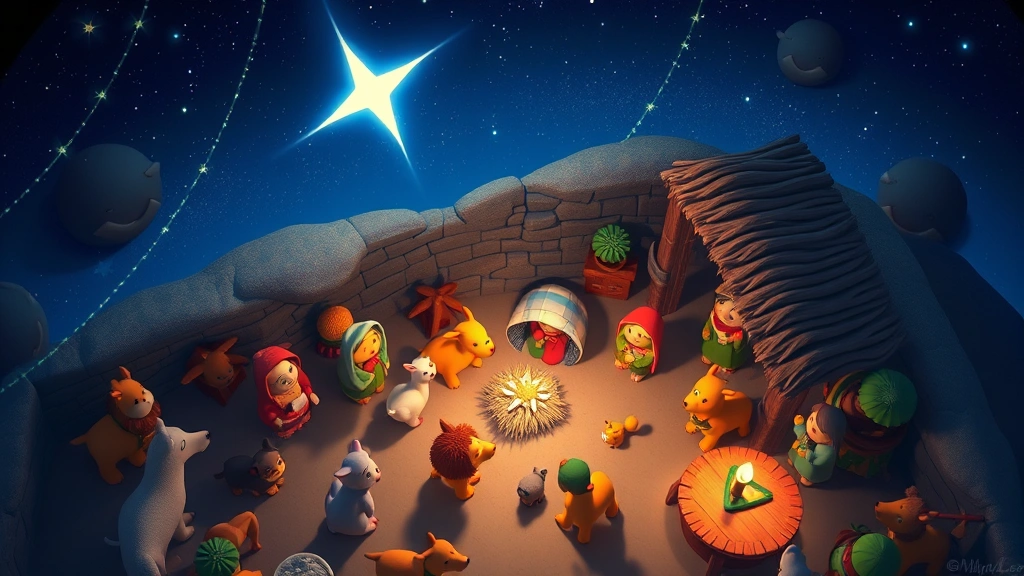 Overhead shot of animated nativity scene with multiple animal characters and figures, starlight illuminating scene from above, digital animation, peaceful atmosphere, detailed environment