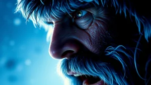High-resolution close-up of vintage 1982 The Thing theatrical poster showing Kurt Russell's face with cool blue and black color palette, dramatic lighting emphasizing texture and printing technique details, photorealistic quality, no text overlay or visible lettering