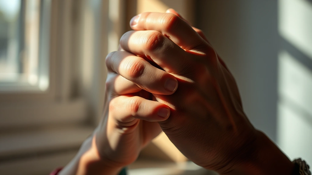 Close-up of hands clasped together in prayer position, weathered and tense, soft natural light filtering through a window creating shadows, symbolic of faith and control, photorealistic detail without identifiable features