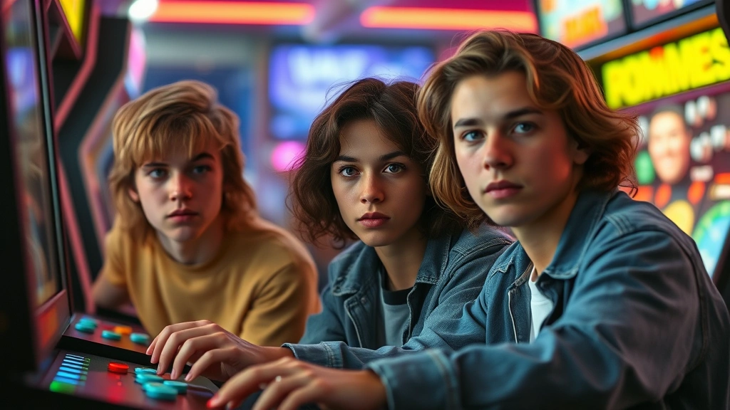 Young 1980s actors in casual gaming arcade environment with neon lighting, focused expressions on faces during gameplay, vibrant arcade cabinet screens in soft focus background, photorealistic cinematic lighting, natural interaction between performers