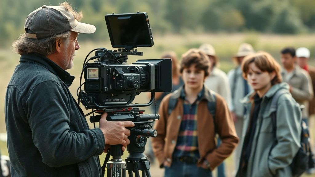 Behind-the-scenes film production setup with director and young cast members on set, vintage late 1980s camera equipment visible, natural outdoor location shooting, actors in period-appropriate clothing, professional production atmosphere with crew members blurred in background