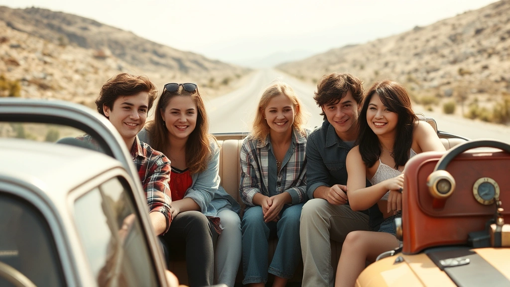 Group of young actors in casual 1980s attire on cross-country journey set piece, diverse cast showing genuine camaraderie and connection, natural sunlight, authentic emotional moment captured, vintage vehicles and travel-themed props in softer focus, cinematic documentary-style photography