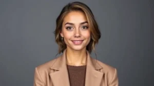 Professional headshot of young woman in late 20s with confident expression, studio lighting, neutral background, digital media aesthetic, contemporary fashion styling