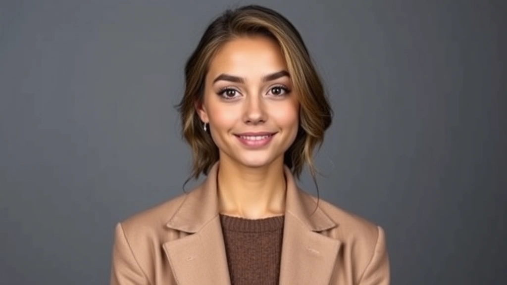 Professional headshot of young woman in late 20s with confident expression, studio lighting, neutral background, digital media aesthetic, contemporary fashion styling