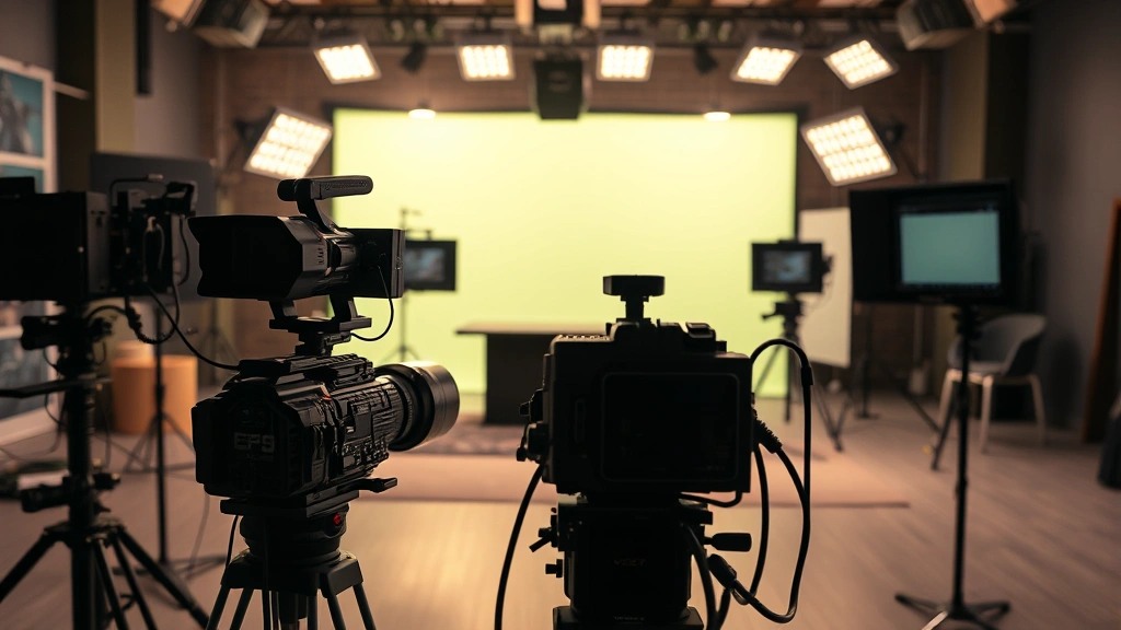 Split-screen composition showing film production set with camera equipment and monitors, cinematic lighting setup, modern studio environment, no people visible, professional cinematography gear
