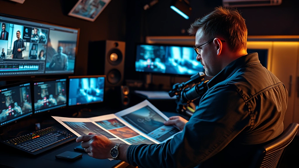 Professional filmmaker reviewing storyboards at modern editing suite with multiple monitors displaying visual effects, cinematic lighting, focused concentration on technical craft