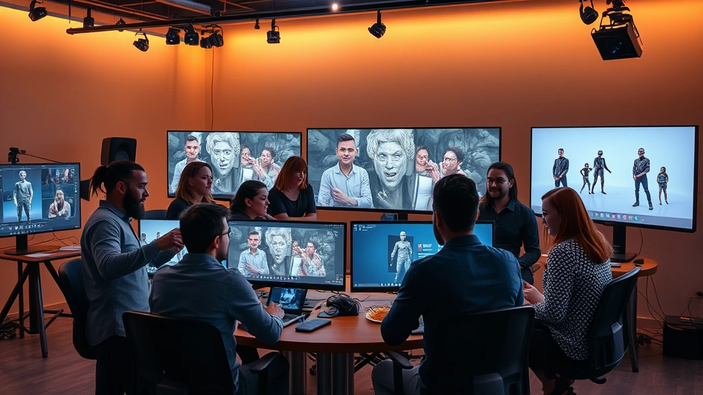 Diverse team of digital artists collaborating in contemporary motion capture studio, surrounded by screens showing 3D models and animation sequences, creative brainstorming atmosphere
