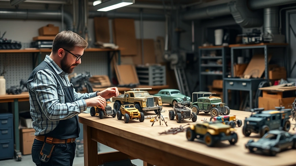 Production designer examining miniature set models and vehicle prototypes on large workbench, professional photography studio setup, detailed craftsmanship and technical precision evident
