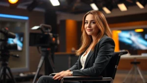 Professional actress in a modern television studio setting, sitting in director's chair, warm studio lighting, focused expression, contemporary professional attire, modern production environment