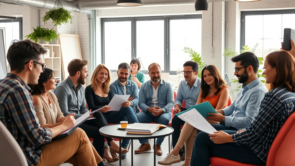 Diverse group of television writers and producers in a creative workspace, collaborative energy, discussing scripts and character development, natural daylight, contemporary office setting