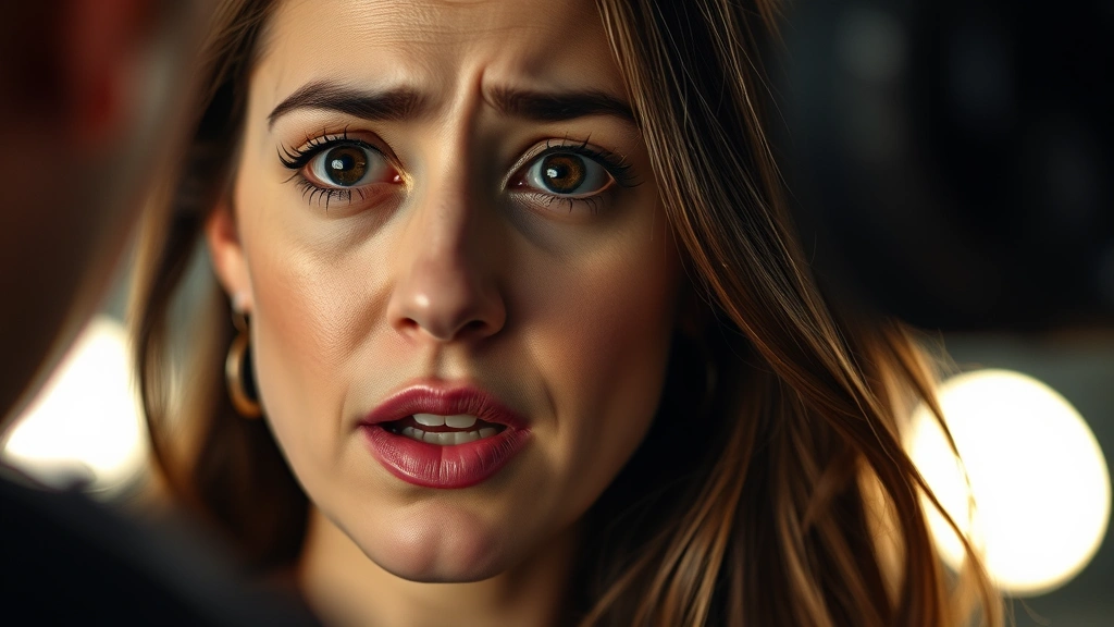 Close-up of a woman actor performing an emotional scene, expressive face showing genuine emotion, professional lighting setup, candid moment capturing authentic performance work