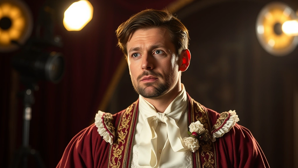 Professional actor in theatrical costume with dramatic stage lighting, expressive face, period film production set design, cinematic lighting setup, no visible text or interface elements