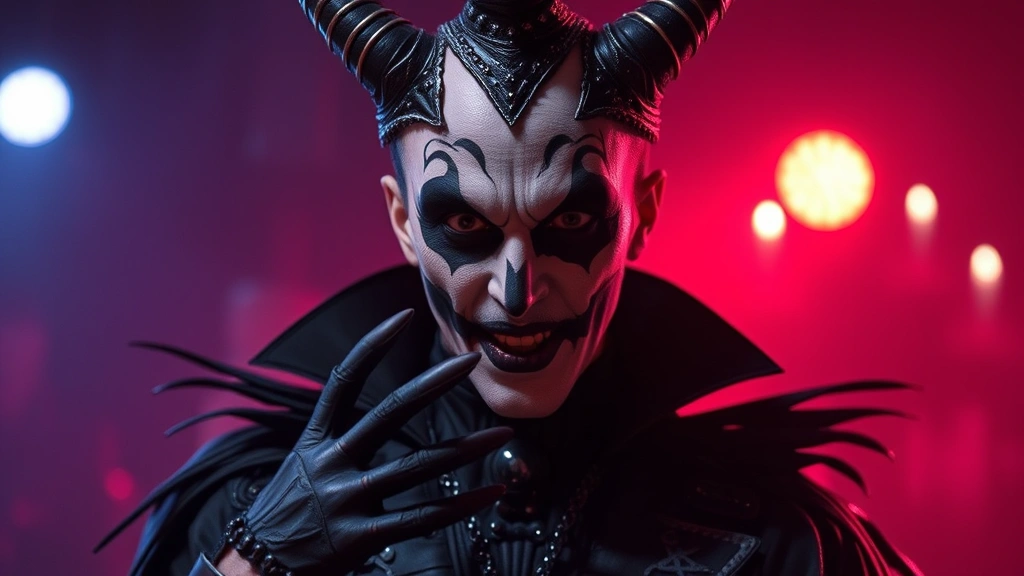 Performer in elaborate fantasy villain makeup and costume, dramatic atmospheric lighting, gothic production design elements, theatrical character portrayal, high-quality film production aesthetic