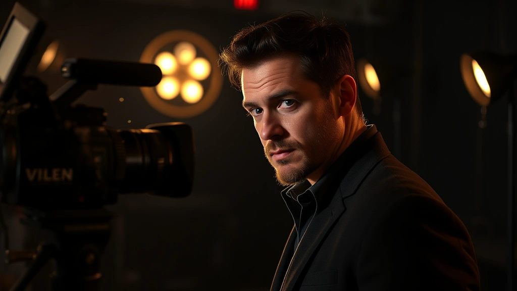 Entertainment industry professional in classic film noir lighting, dramatic shadows and highlights, vintage Hollywood studio aesthetic, character actor focus, professional photography setup