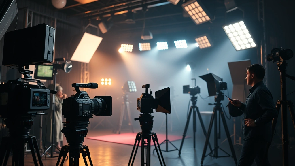 Film production set with camera equipment and professional lighting rigs, cinematic atmosphere, dramatic shadows and professional lighting setup, no screens or interfaces