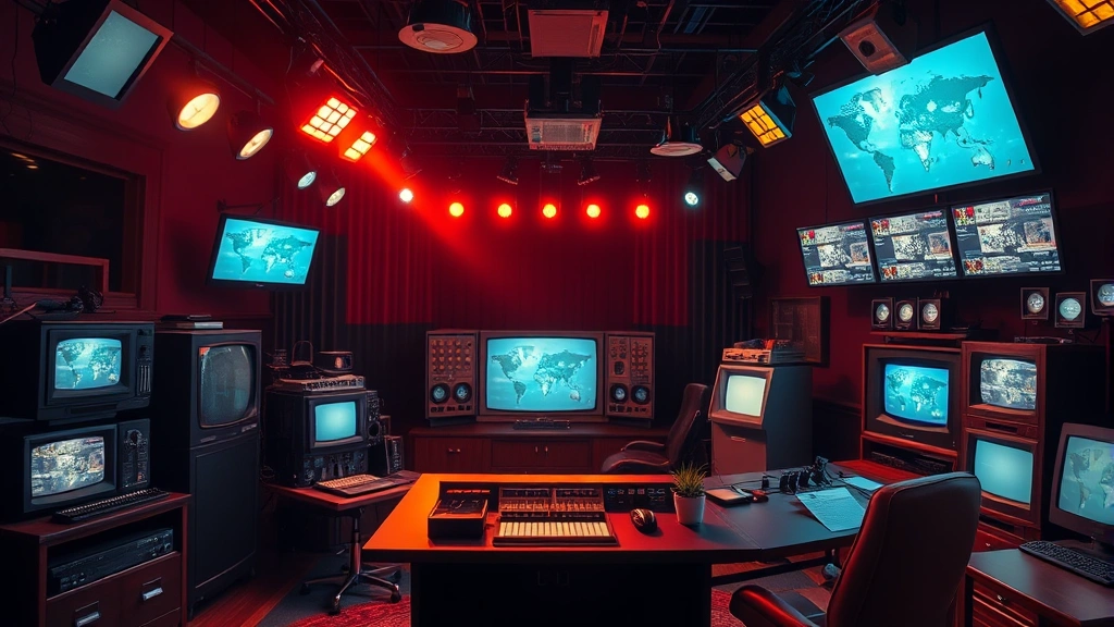 Vintage television studio control room ambiance, professional broadcast environment, warm dramatic lighting, vintage cinema aesthetic elements, no visible screens or text displays