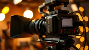 Close-up of film production equipment including professional cinema camera on set with warm studio lighting, shallow depth of field showing bokeh lights in background, cinematic atmosphere