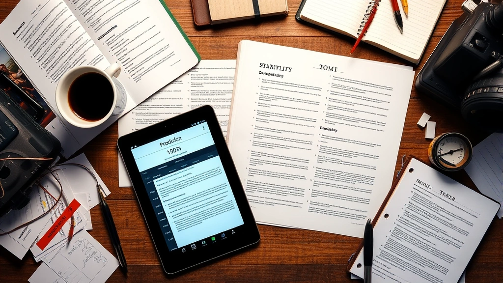 Overhead shot of film producer's desk with screenplay pages, digital tablet showing production timeline, coffee cup, and notebook surrounded by scattered notes and creative materials