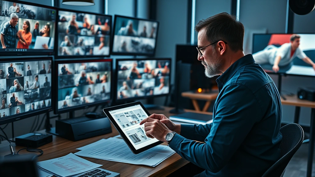 Professional film director reviewing storyboards on digital tablet in modern cinema production office, multiple monitors displaying footage, cinematic lighting, focused analytical expression, papers and notes scattered on desk