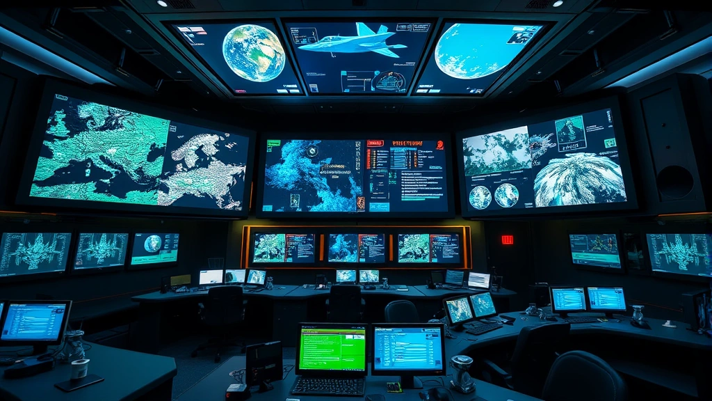 Sophisticated military command center with illuminated tactical displays, multiple screens showing satellite imagery and data visualizations, professional operators at stations, cool blue and green ambient lighting, authentic military aesthetic