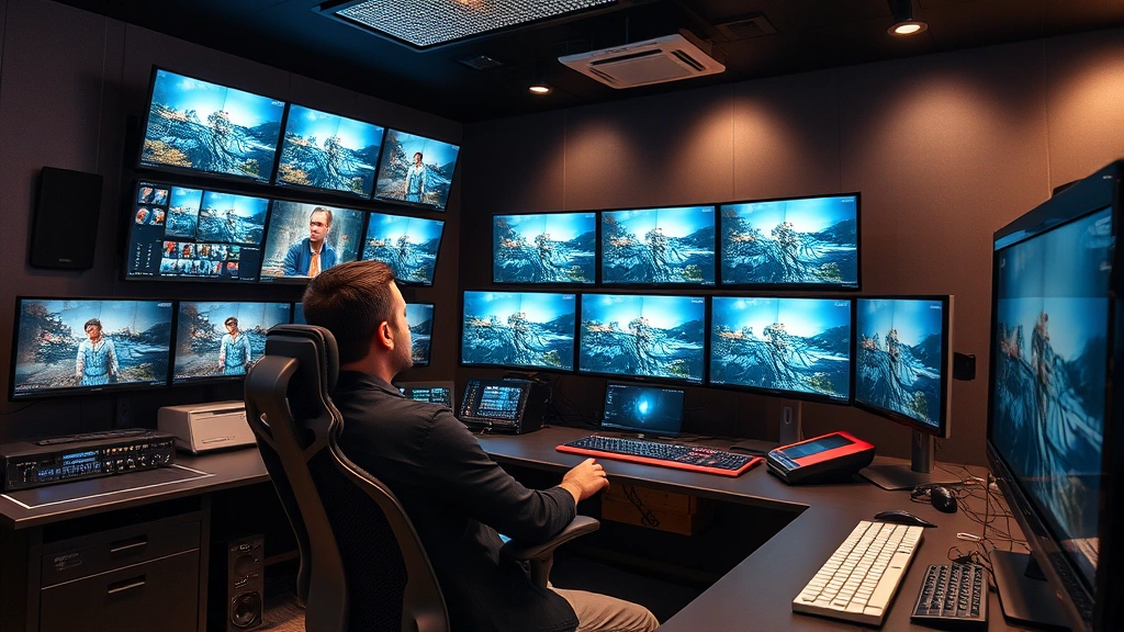 Contemporary film editing suite with multiple high-resolution monitors displaying color-graded footage, professional editor seated at workstation with ergonomic setup, audio equipment visible, sleek modern technology environment