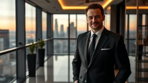 Professional actor in modern luxury penthouse setting with sophisticated lighting, wearing tailored suit, confident expression, contemporary urban backdrop with floor-to-ceiling windows overlooking city skyline