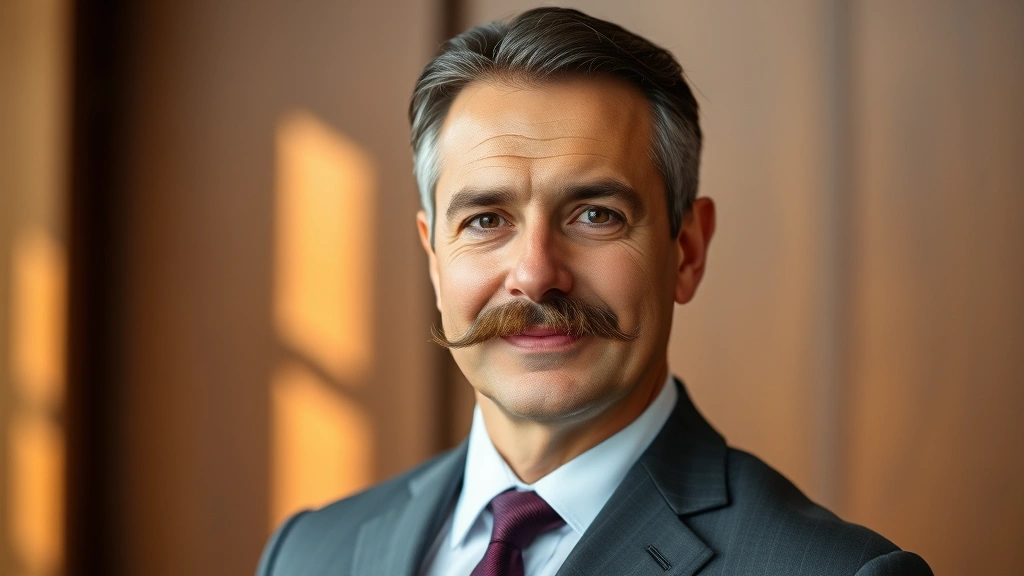 Mature distinguished man with signature mustache in formal business attire, professional headshot style, warm natural lighting, sophisticated background, dignified expression