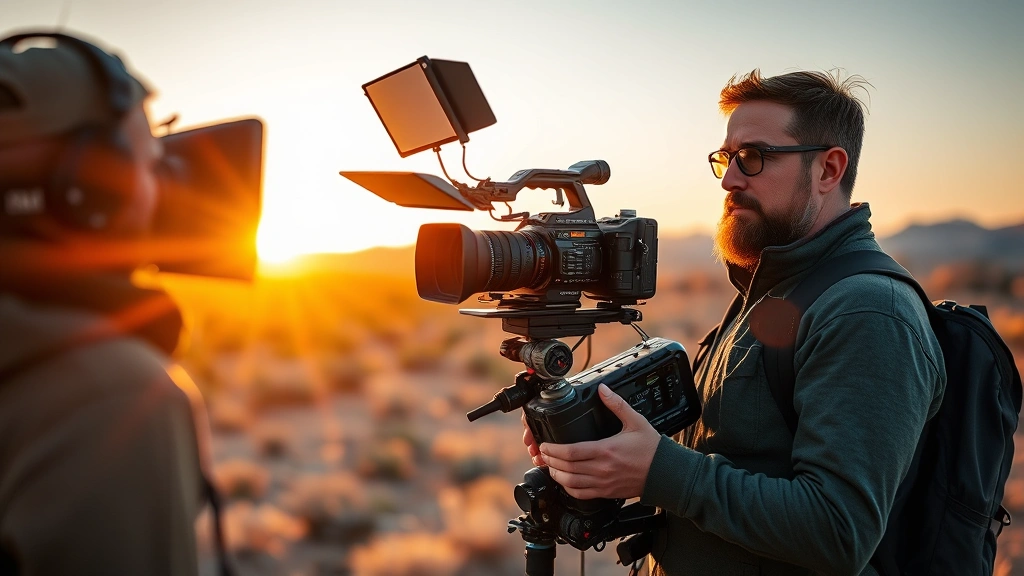Film director and camera operator on outdoor movie set with professional cinema equipment, golden hour lighting, desert or mountain landscape background, focused creative atmosphere