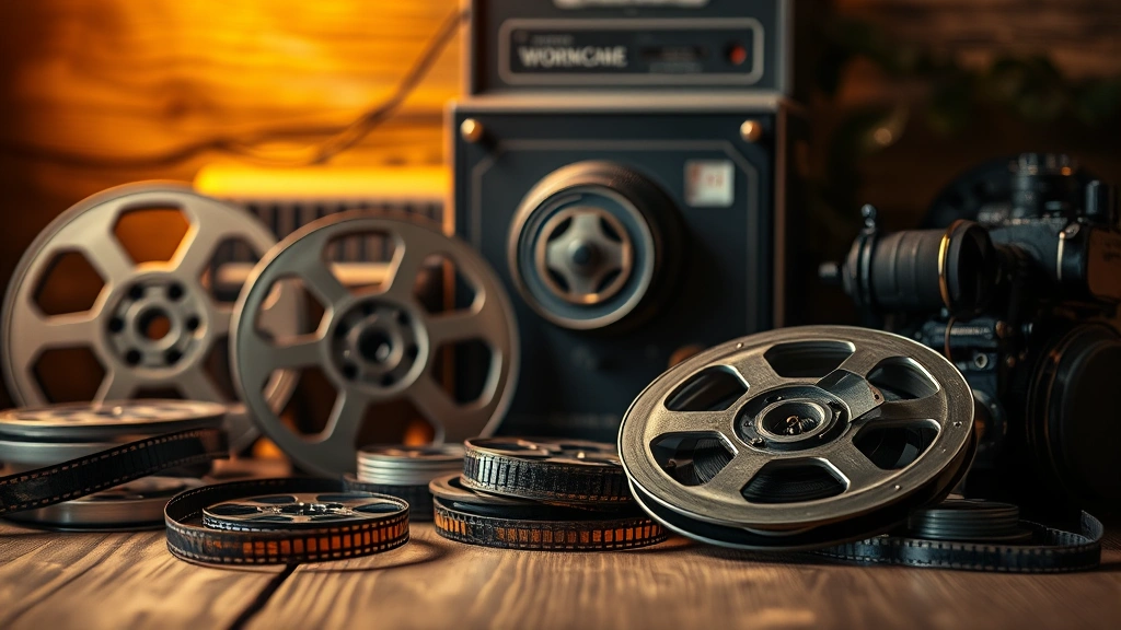 Vintage film reels and classic cinema equipment arranged on wooden surface, warm amber lighting, shallow depth of field, nostalgic movie memorabilia aesthetic