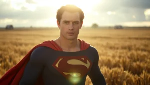 Tom Welling in Superman costume during pivotal Smallville scene, dramatic outdoor lighting, wheat field background, heroic but vulnerable expression, cinematographic quality