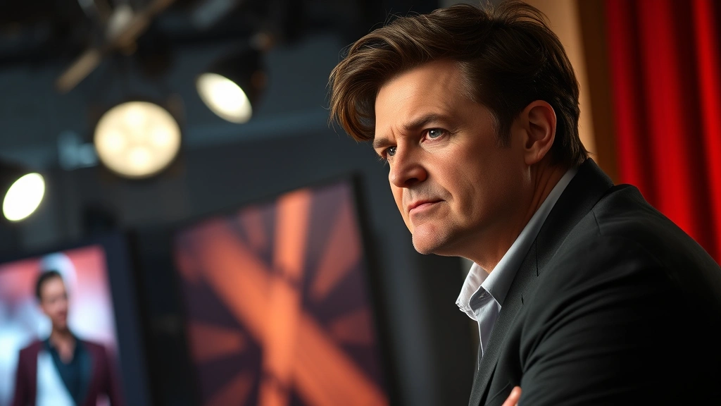 Professional headshot of Tom Welling during dramatic television interview, serious expression, studio lighting, contemporary setting, theatrical atmosphere