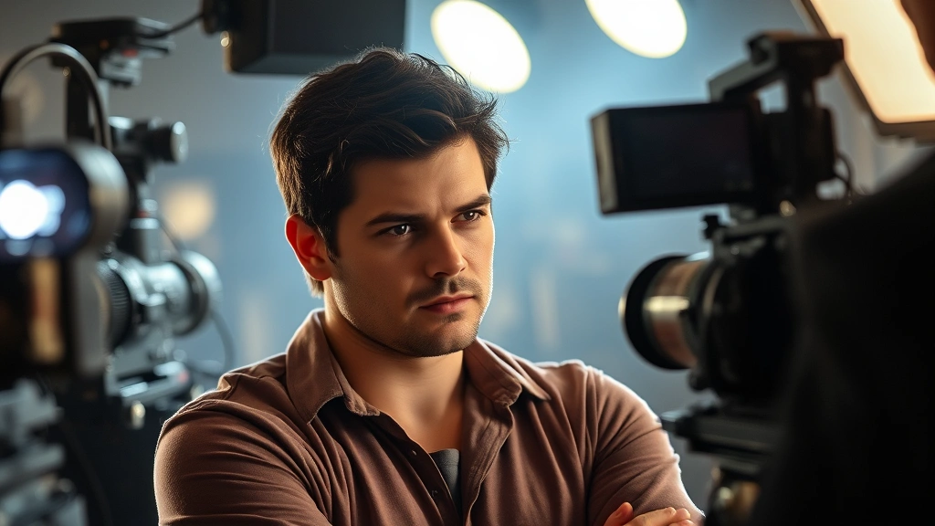 Tom Welling in professional production setting, surrounded by modern cinematography equipment, contemplative pose, dramatic lighting emphasizing facial features and character intensity