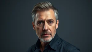 Professional headshot of mature male actor with distinctive features, dramatic lighting emphasizing character intensity and experience, neutral background suggesting artistic credibility and international cinema