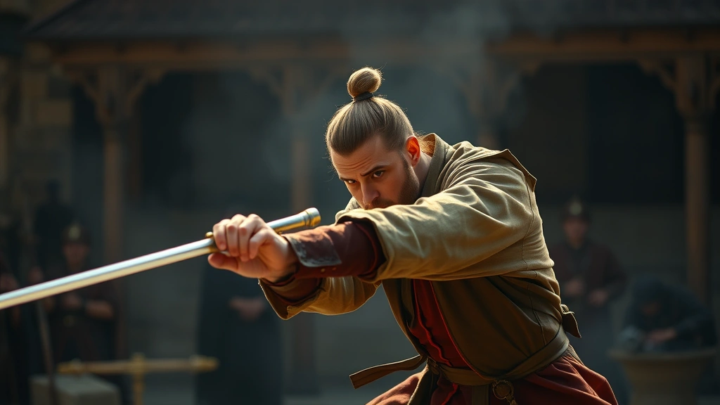 Film production scene showing actor in period costume performing action sequence with sword, dynamic movement capturing athleticism and theatrical presence, cinematic lighting