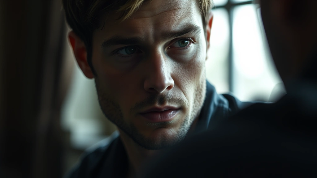 Close-up of contemplative male actor in intimate scene suggesting emotional vulnerability and psychological depth, natural lighting emphasizing character introspection and dramatic maturity