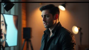 Professional male actor in dramatic television scene, intense emotional moment captured in soft studio lighting, contemporary streaming drama aesthetic, realistic cinematic quality, no text or interface elements