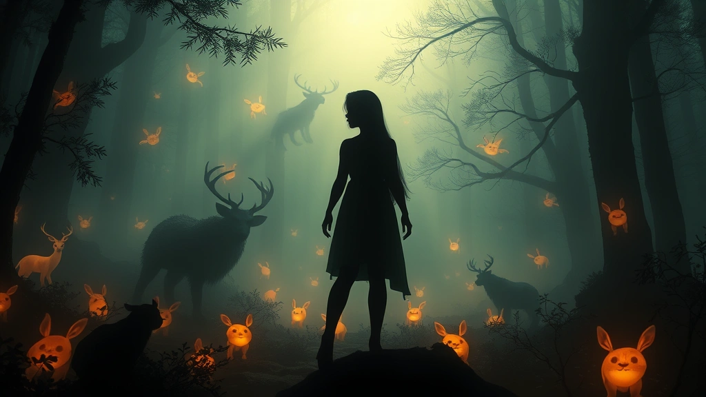 Silhouette of figure surrounded by glowing forest creatures in misty woodland environment, ethereal lighting and atmospheric depth, photorealistic rendering of magical animation moment, no visible text or interface elements