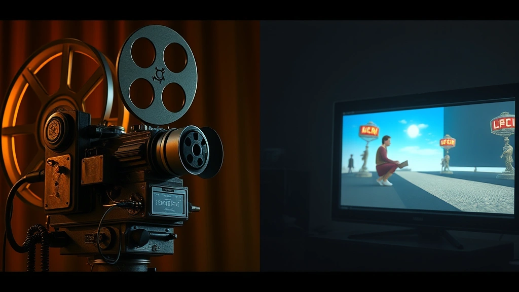 Split-screen comparison of vintage film projection equipment alongside modern streaming device displaying animation, both showing warm glowing screens, photorealistic detail of technology evolution, media distribution concept visualization