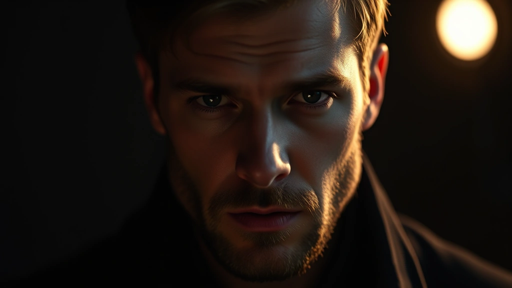 Professional male actor with Scandinavian features in dramatic lighting, intense focused expression, close-up portrait photography, moody cinematography style, digital media production quality, no text or graphics visible