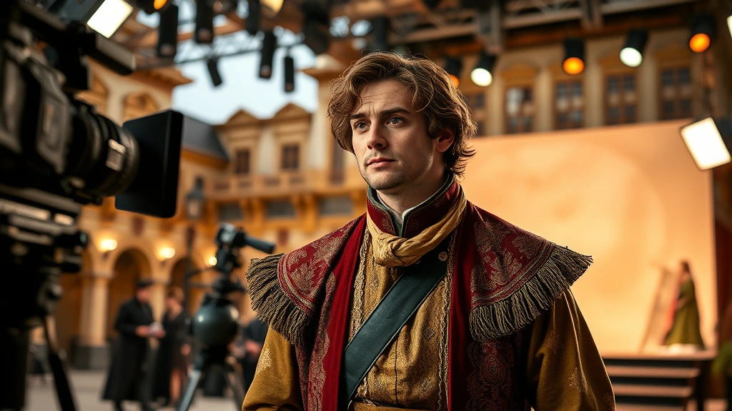 Actor in costume on elaborate television production set with period architecture visible in background, dramatic scene setup, professional broadcast lighting, cinematic depth of field, behind-the-scenes style imagery